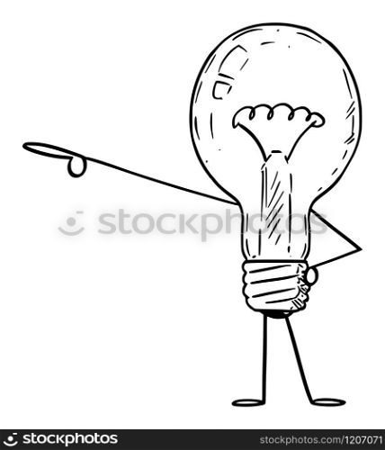 Vector illustration of cartoon light bulb character showing or pointing at something by hand.Innovation or idea advertisement or marketing design.. Light Bulb Cartoon Character Pointing at Something by Hand. Vector Illustration