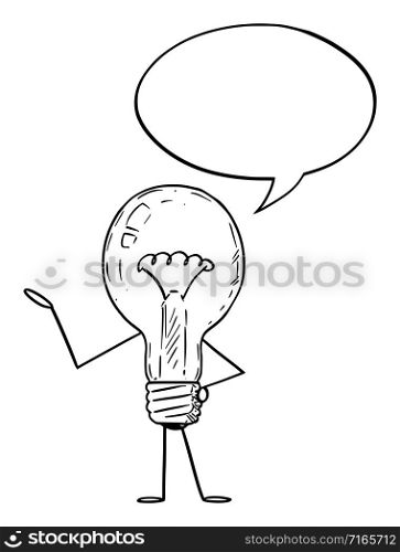 Vector illustration of cartoon light bulb character with speech bubble. Innovation or idea advertisement or marketing design.. Light Bulb Cartoon Character With Speech Bubble. Vector Illustration