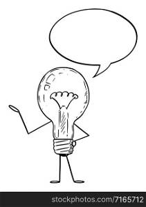 Vector illustration of cartoon light bulb character with speech bubble. Innovation or idea advertisement or marketing design.. Light Bulb Cartoon Character With Speech Bubble. Vector Illustration