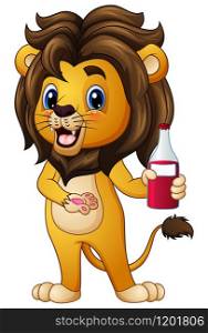 Vector illustration of Cartoon lion holding a drink bottle