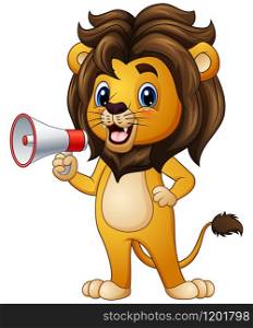 Vector illustration of Cartoon lion holding a loudspeaker