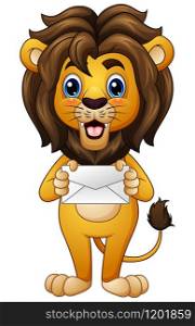 Vector illustration of Cartoon lion holding envelope