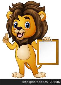 Vector illustration of Cartoon lion pointing with holding a clipboard