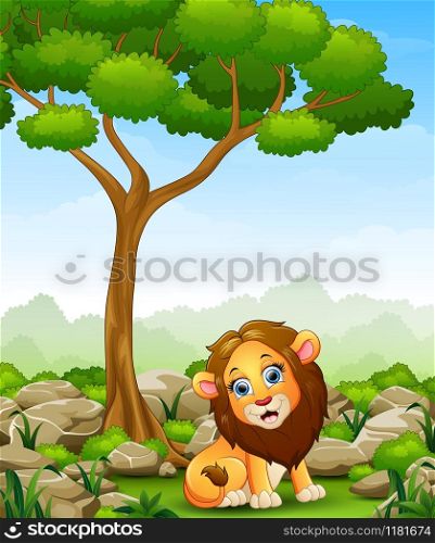 Vector illustration of Cartoon lion sitting in the jungle