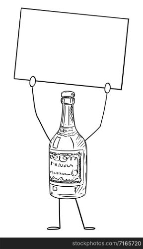 Vector illustration of cartoon liquor bottle character holding empty sign in hand.Advertisement or marketing design.. Liquor Bottle Cartoon Character Holding Empty Sign in Hand, Vector Illustration