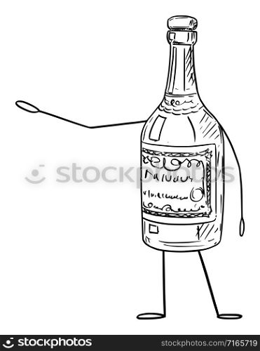 Vector illustration of cartoon liquor bottle character showing or pointing at something by hand.Advertisement or marketing design.. Liquor Bottle Cartoon Character Pointing at Something by Hand, Vector Illustration