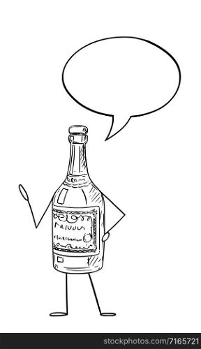 Vector illustration of cartoon liquor bottle character with speech bubble.Advertisement or marketing design.. Liquor Bottle Cartoon Character With Speech Bubble. Vector Illustration