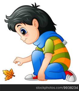 Vector illustration of Cartoon little girl with autumn leaves