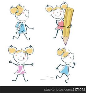Vector Illustration of cartoon little schoolgirl icon educational set in children hand-drawing style