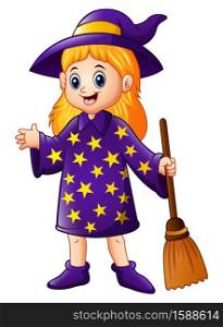Vector illustration of Cartoon little witch holding broomstick
