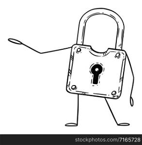 Vector illustration of cartoon lock or padlock character showing or pointing at something by hand.Security or privacy advertisement or marketing design.. Lock or Padlock Cartoon Character Pointing at Something by Hand, Vector Illustration