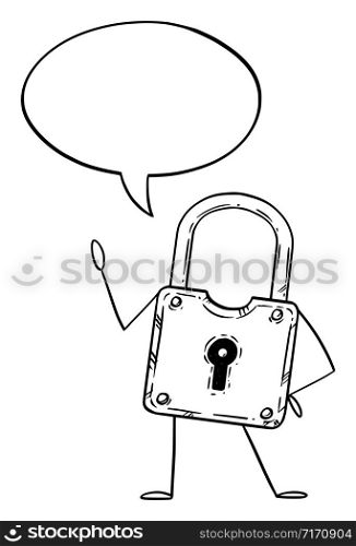 Vector illustration of cartoon lock or padlock character with speech bubble.Security or privacy advertisement or marketing design.. Lock or Padlock Cartoon Character With Speech Bubble, Vector Illustration