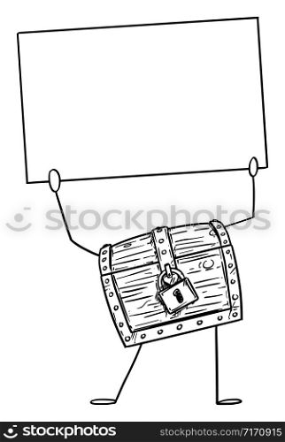 Vector illustration of cartoon locked treasure pirate chest character holding empty sign in hand. Economy or financial advertisement or marketing design.. Locked Treasure Pirate Chest Cartoon Character Holding Empty Sign in Hand, Vector Illustration