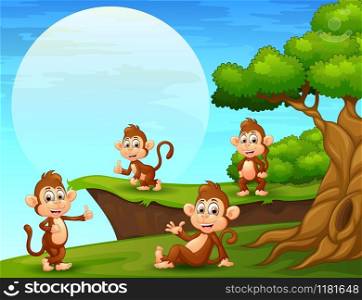 Vector illustration of Cartoon monkeys playing near the cliff