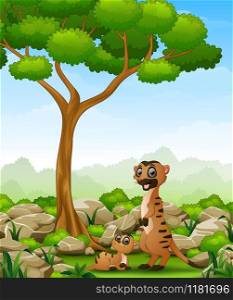 Vector illustration of Cartoon mother meerkat with her little baby in the jungle