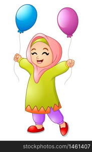 Vector illustration of Cartoon muslim girl holding Balloon