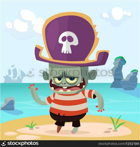 Vector illustration of Cartoon Pirate zombie. Halloween zombie mascot in pirate bicorne hat with skull emblem. Isolated on sea background with a ship and rocks
