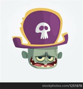 Vector illustration of Cartoon Pirate zombie head. Halloween zombie mascot in pirate bicorne hat with skull emblem. Isolated icon