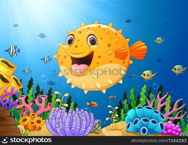 Vector illustration of Cartoon puffer fish with sea life