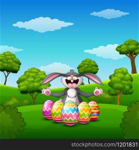 Vector illustration of Cartoon rabbit laughing with five decorated easter eggs in the park