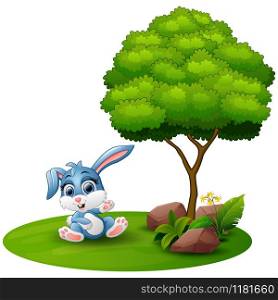 Vector illustration of Cartoon rabbit sitting under a tree on a white background