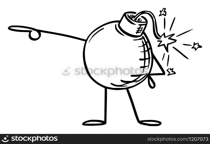 Vector illustration of cartoon retro bomb character showing or pointing at something by hand. Discount or sale advertisement or marketing design.. Retro Bomb Cartoon Character Pointing at Something by Hand. Vector Illustration