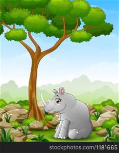 Vector illustration of Cartoon rhino sitting in the jungle
