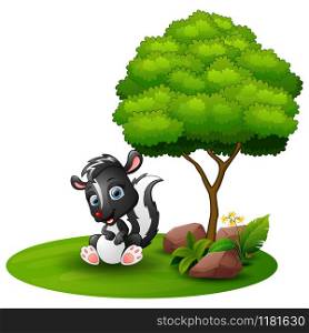 Vector illustration of Cartoon skunk sitting under a tree on a white background