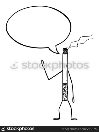 Vector illustration of cartoon smoking cigarette character with speech bubble. Health or addiction advertisement or marketing design.. Smoking Cigarette Cartoon Character With Speech Bubble. Vector Illustration