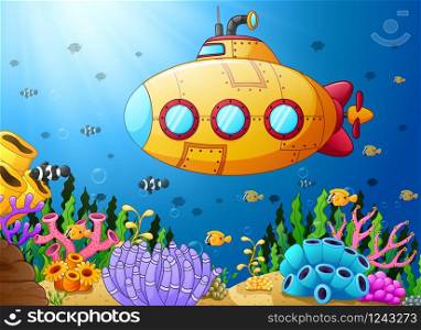 Vector illustration of Cartoon submarine underwater