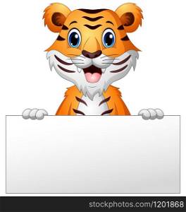 Vector illustration of Cartoon tiger with blank sign