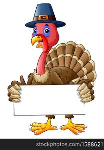 Vector illustration of Cartoon turkey holding blank sign