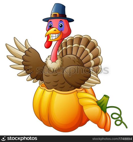 Vector illustration of Cartoon turkey with pilgrim hat in the pumpkin
