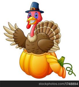 Vector illustration of Cartoon turkey with pilgrim hat in the pumpkin