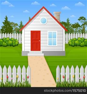 Vector illustration of Cartoon wooden house inside the fence
