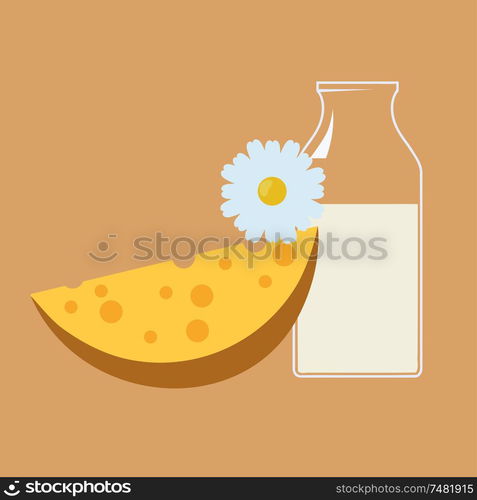 Vector illustration of cheese and milk bottle on a yellow background. Milk, cheese, blue flower. Food Cartoon style