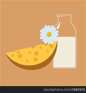 Vector illustration of cheese and milk bottle on a yellow background. Milk, cheese, blue flower. Food Cartoon style