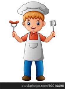 Vector illustration of Chef boy holding a spatula and sausage on fork