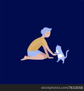 Vector illustration of child with cats and dog. Happy, funny kids playing, love and taking care of kittens, pet animals in flat cartoon style.. Vector illustration set of children with cats and dog. Happy, funny kids playing, love and taking care of kittens, pet animals in flat cartoon