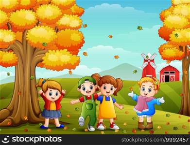 Vector illustration of Children playing in farm landscape at autumn
