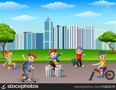 Vector illustration of Children playing in the city park