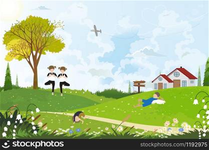Vector Illustration of children playing in the park, Landscape spring fields with kids play together during a sunny day, Child's outdoor activities in summertime. Happy childhood.