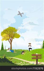 Vector Illustration of children playing in the park, Landscapespring fields with kids play together during a sunny day, Child's outdoor activities in summertime. Happy childhood.