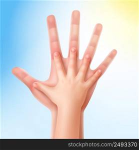 Vector illustration of children protection. Child hand holding parent hand isolated on background. Concept children protection