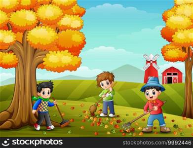 Vector illustration of Children raking leaves in the farmyard during fall season