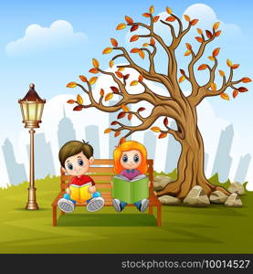 Vector illustration of Children reading a book in city park bench