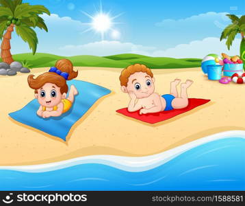 Vector illustration of Children sunbathing on the beach mat