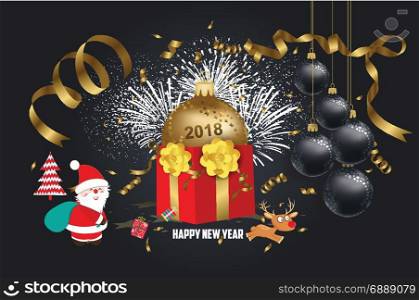 vector illustration of christmas 2018 background with santa claus. Christmas confetti gold and deer
