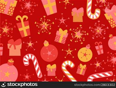 Vector illustration of christmas background. Includes present boxes, candies, flakes and christmas balls