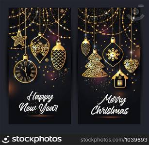 Vector illustration of christmas background with christmas ball star snowflake confetti gold on black color.. Vector banners illustration of christmas background with christmas ball star snowflake confetti gold on black color.